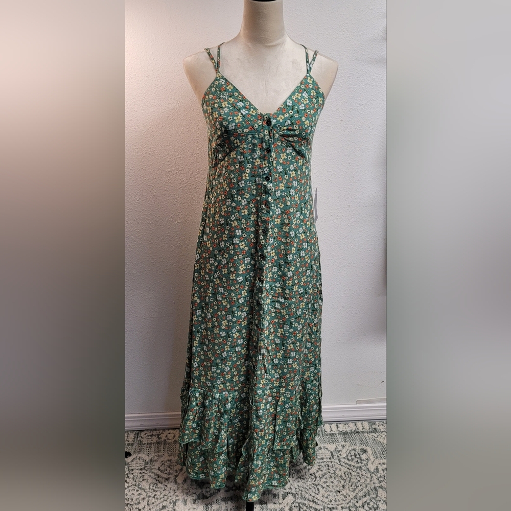 Good Luck Gem Women's Floral Green Maxi Dress size Small adjustable straps